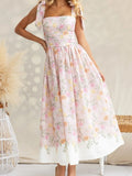 Floral Tie Shoulder Midi Dress In Soft Pink Color: Pink Yellow Size: