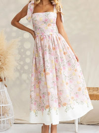 Floral Tie Shoulder Midi Dress In Soft Pink Color: Pink Yellow Size: