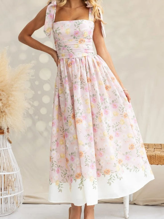 Floral Tie Shoulder Midi Dress In Soft Pink Color: Pink Yellow Size: