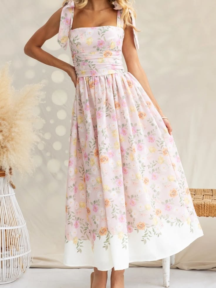 Floral Tie Shoulder Midi Dress In Soft Pink Color: Pink Yellow Size: