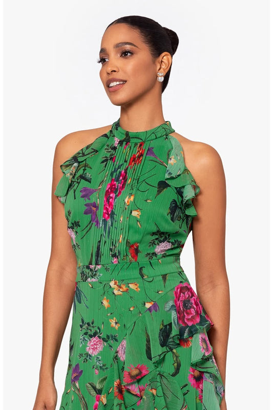 Floral Print Metallic Ruffle Chiffon Gown (Women)