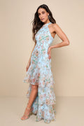 Forever Exceptional Light Blue Floral Halter Organza Maxi Dress