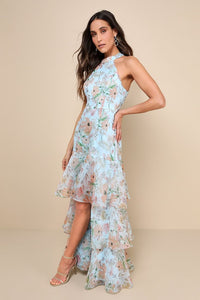 Forever Exceptional Light Blue Floral Halter Organza Maxi Dress