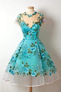 New Sleeves Unique Homecoming Dress Appliqued Blue Short Prom Dress