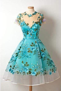 New Sleeves Unique Homecoming Dress Appliqued Blue Short Prom Dress
