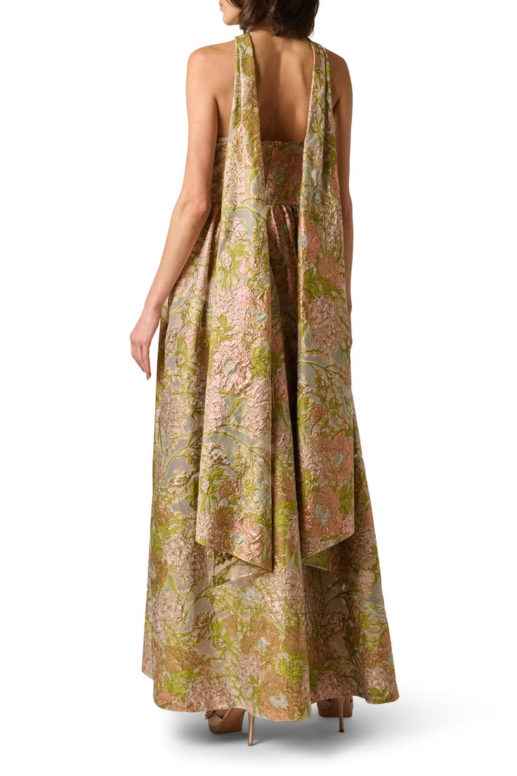 Metallic Floral Jacquard Halter Gown