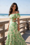 Patterned Lengthy Dress With V Neck And Hollow Detailing