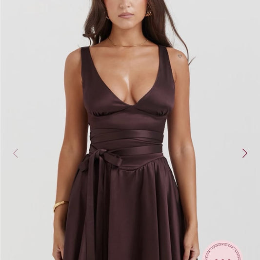 Dress Chocolate Satin Wrap Midi Dress Color: Brown Size: M
