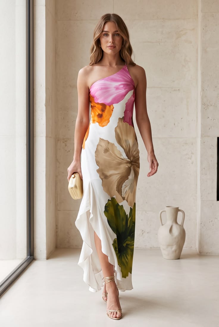 Printed Off Shoulder Cocktail Dress, Irregular Neckline Summer Party