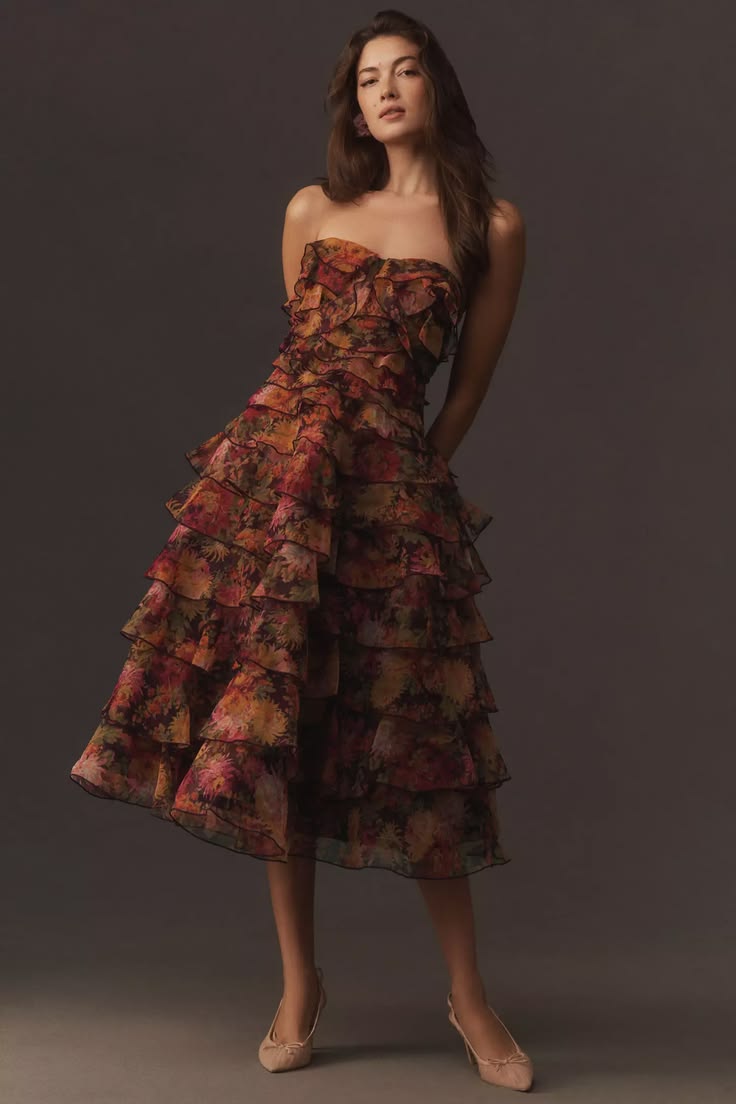 Strapless Tiered Ruffled Midi Dress
