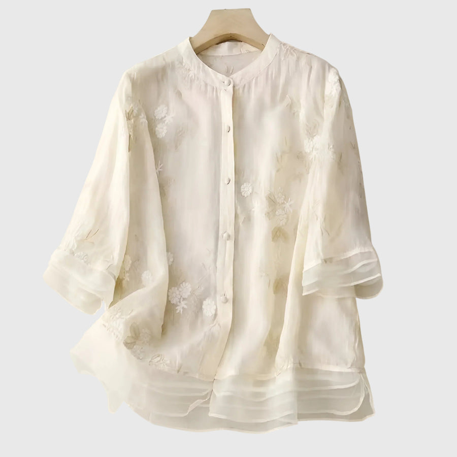 Nellie | Elegant Top With Embroidered Flowers Cream
