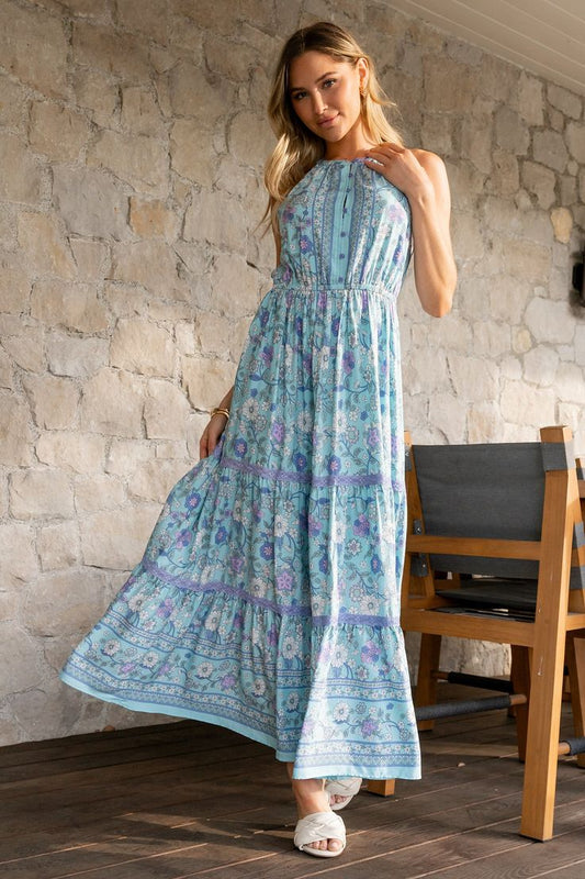 Meline Button Front Maxi Light Blue Multi Dress