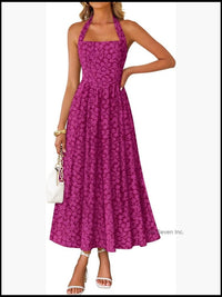 Sleeveless Halter Neck Flowy Maxi Dress With Pockets Color: Tan Size: