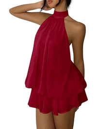 Women's Chiffon Halter Drop Waist Guest Dress Burgundy Ruffle Summer