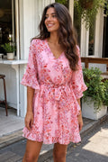 Refined Printed Dress With Long Sleeves And Waist Tie
