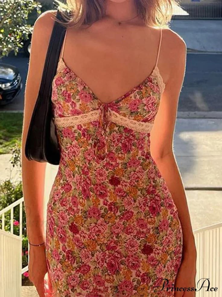 Flowers Spaghetti Straps Maxi Dress Pink