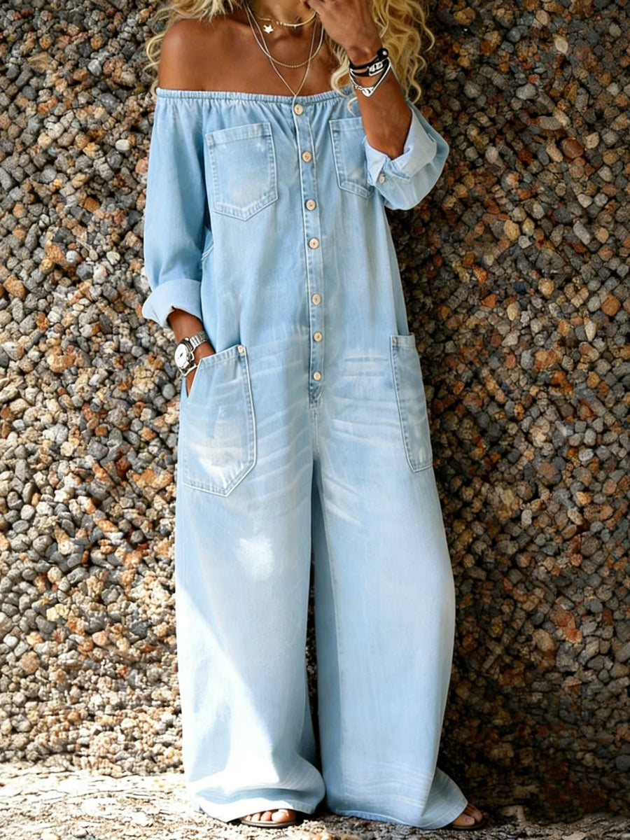 Veda - Off-Shoulder Denim Jumpsuit with Relaxed Fit