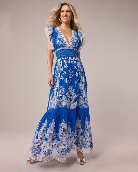 Novelty Embroidered Tiered Maxi Dress Lapis Blue Lapis Blue