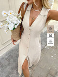 Lune Beige Summer Casual French Vacation Dress, Women Linen Fabric