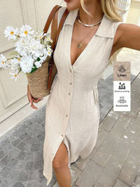 Lune Beige Summer Casual French Vacation Dress, Women Linen Fabric