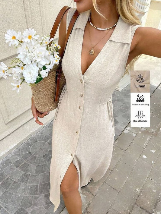 Lune Beige Summer Casual French Vacation Dress, Women Linen Fabric