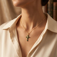 Gold Emerald Marquise Cross Necklace