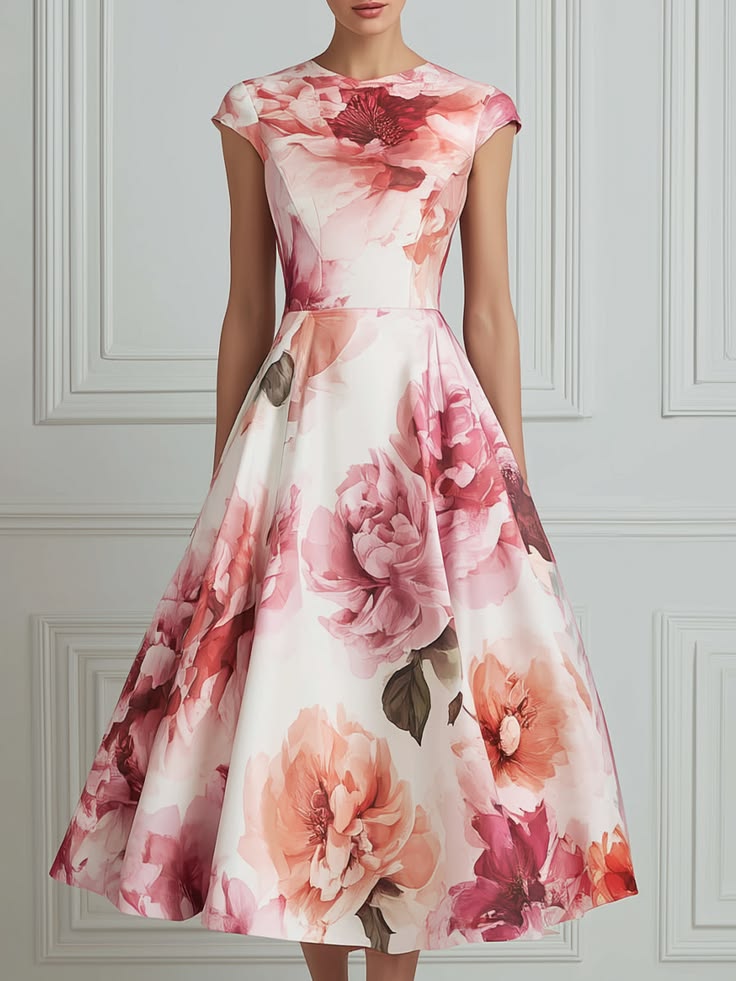 Elegant Watercolor Floral Cap Sleeve Midi Dress Pink 2