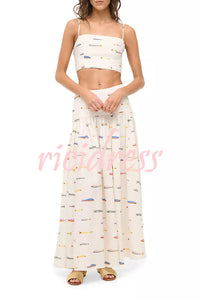 Island Resort Linen Blend Back Smocked Crop Tank and High Rise A-line Maxi Skirt Set