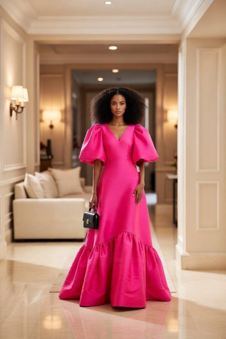 Hot Pink Mikado Silk Maxi Dress, Puff Sleeve Formal Gown