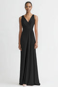 Black Satin A Line V Neck Long Evening Dress Burgundy