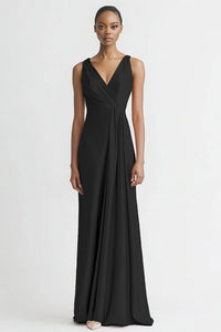Black Satin A Line V Neck Long Evening Dress Burgundy
