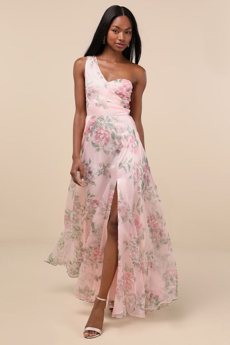 Truly Extraordinary Pink Floral Organza One Shoulder Maxi Dress