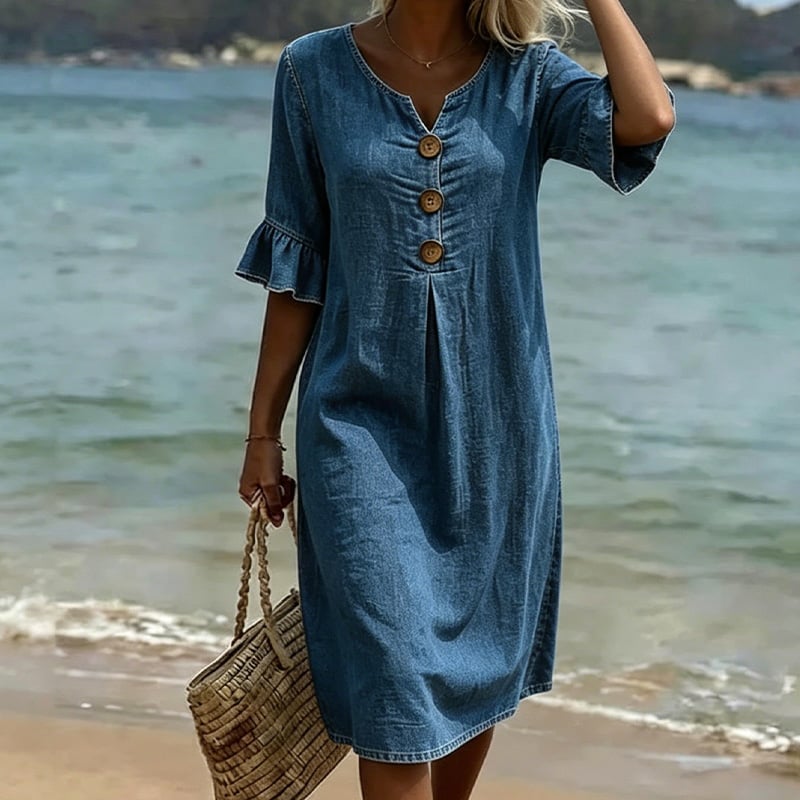 Mila - Ruffle Sleeve Denim A-Line Dress with Button Detail