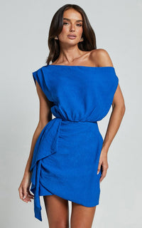 Niana Mini Dress Drape One Shoulder Dress In Blue
