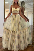 Vita Floral Satin Bow Lace Back Lace Up Crop Tank And Tulle High Rise