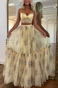 Vita Floral Satin Bow Lace Back Lace Up Crop Tank And Tulle High Rise