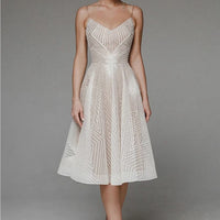 Elegant White Geometric Pattern Dress Color: Cream Silver Size: S