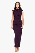 Katalina Scuba Crepe Cap Sleeve Mock Neck Floor Length Dress Mulberry