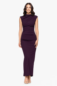 Katalina Scuba Crepe Cap Sleeve Mock Neck Floor Length Dress Mulberry