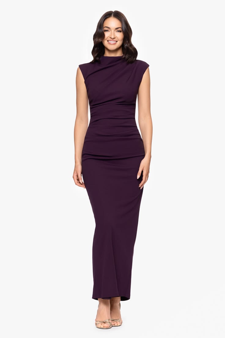 Katalina Scuba Crepe Cap Sleeve Mock Neck Floor Length Dress Mulberry