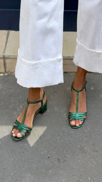 Freya – Metallic T-Bar Buckle Block Heel Sandals