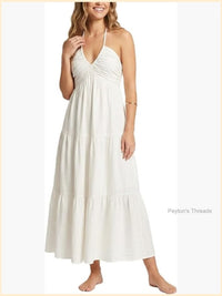 Casual Halter Tiered Maxi Dress With Pockets Color: Cream White Size: