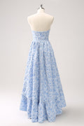 Blue Floral Strapless Coret High Low Bridesmaid Dress Blue Us20W