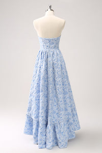 Blue Floral Strapless Coret High Low Bridesmaid Dress Blue Us20W