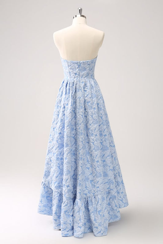 Blue Floral Strapless Coret High Low Bridesmaid Dress Blue Us20W