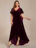 Plus Size Lotus Leaf Hem A Line V Neck Ruffles Sleeve Velvet Evening