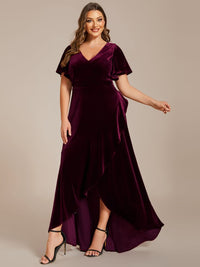 Plus Size Lotus Leaf Hem A Line V Neck Ruffles Sleeve Velvet Evening