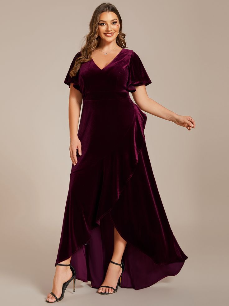 Plus Size Lotus Leaf Hem A Line V Neck Ruffles Sleeve Velvet Evening