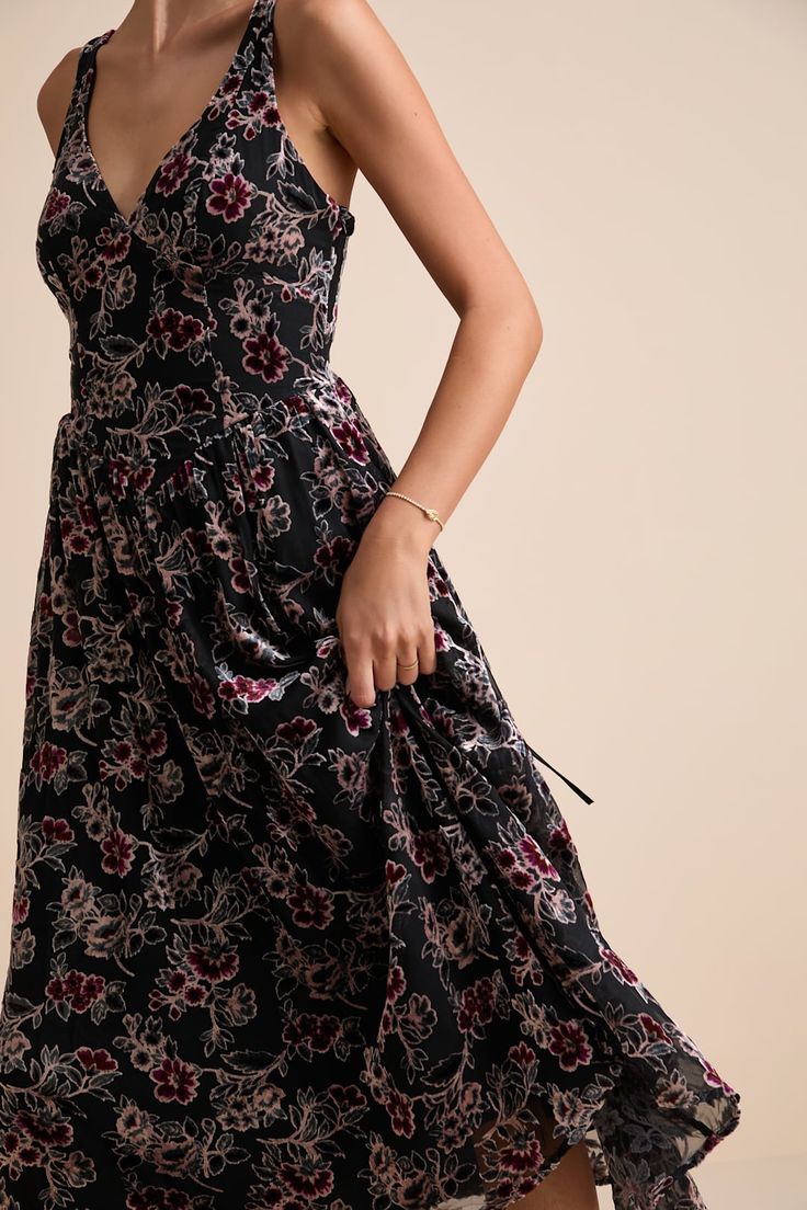 Priella Black Velvet Burnout Lace Up Midi Dress