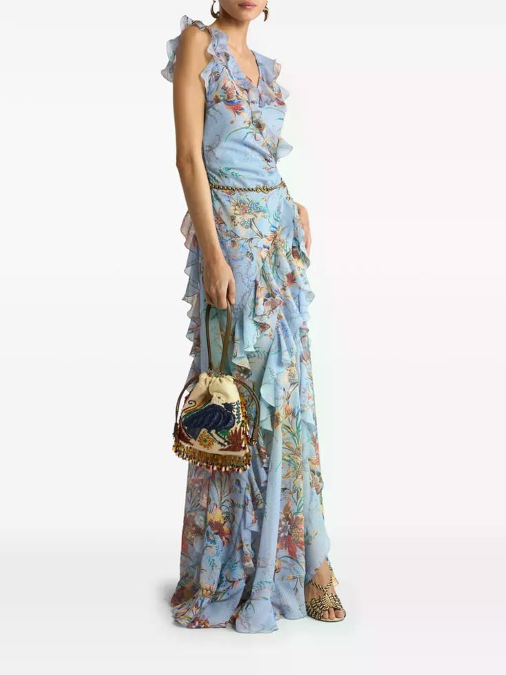 Etro Ruffled Floral Print Maxi Dress Blue